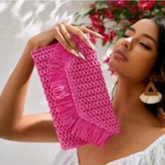 SHEIN VCAY Fringe Trim Flap Straw Bag,Woven Bag,Perfect For Summer Beach - Picture 1 of 6